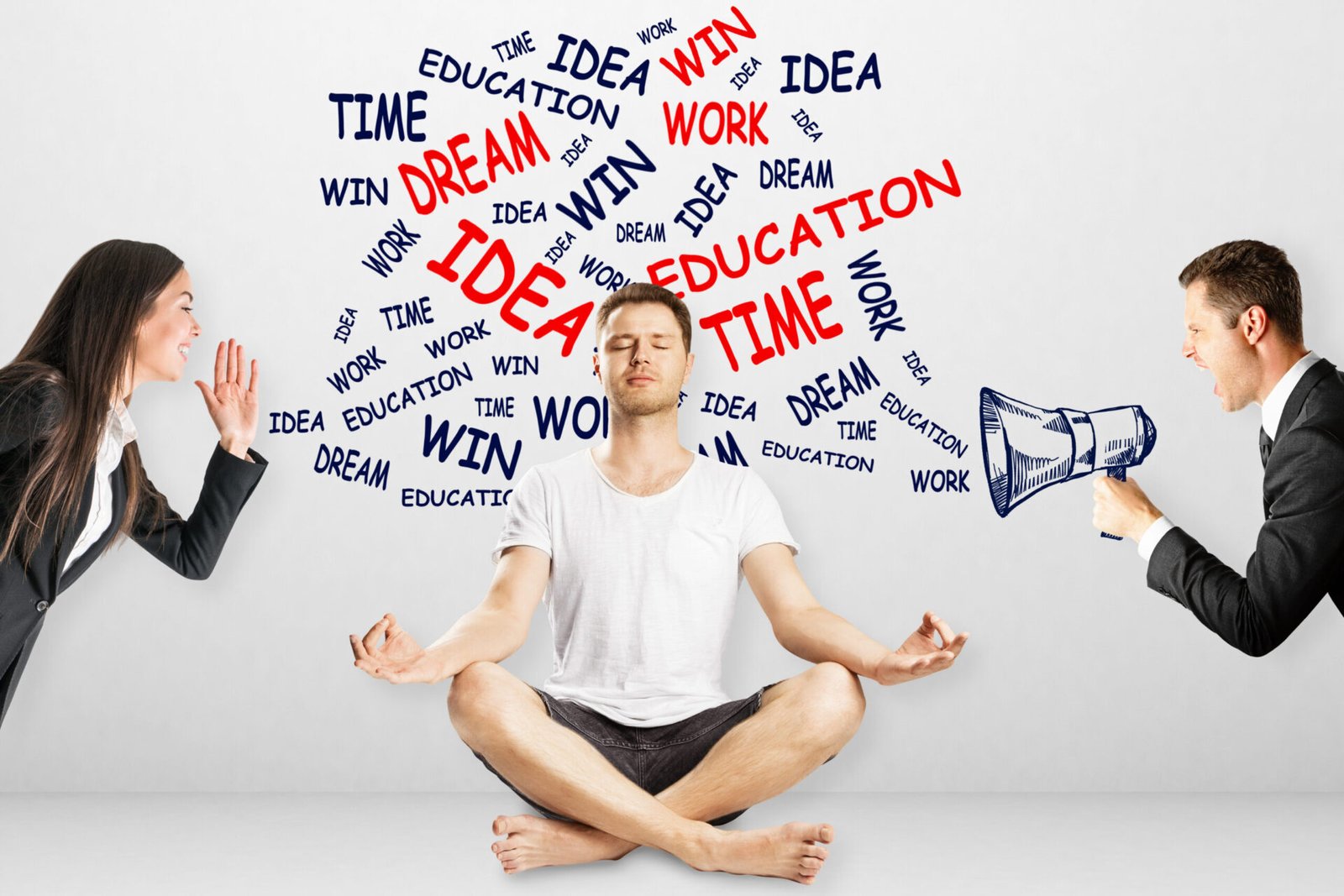 Businesswoman and businessman yelling at meditating young guy. Meditation and dream concept